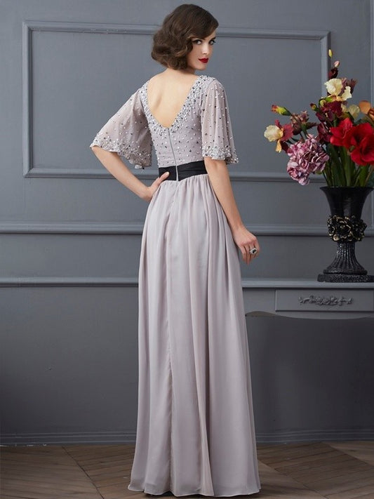 A-Line/Princess Sleeves 1/2 Beading Neck High Long Chiffon Dresses