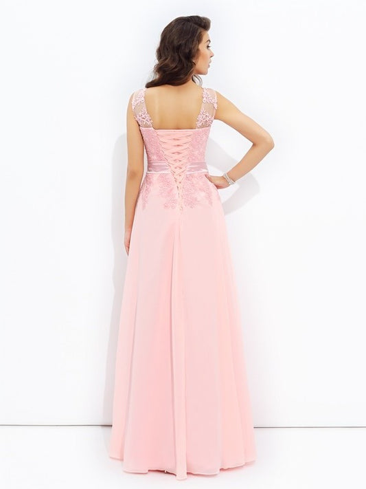 Scoop A-line/Princess Sleeveless Applique Long Chiffon Dresses