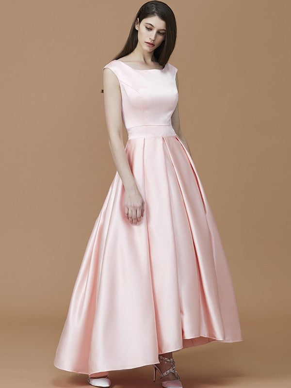 Asymmetrical Sleeveless A-Line/Princess Ruffles Bateau Satin Bridesmaid Dresses