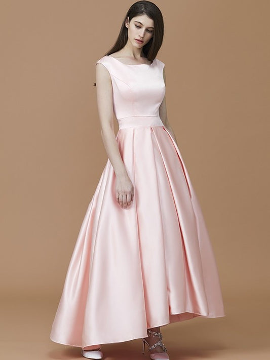 Asymmetrical Sleeveless A-Line/Princess Ruffles Bateau Satin Bridesmaid Dresses