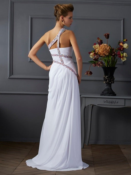 Sleeveless One-Shoulder Sheath/Column Beading Long Chiffon Dresses