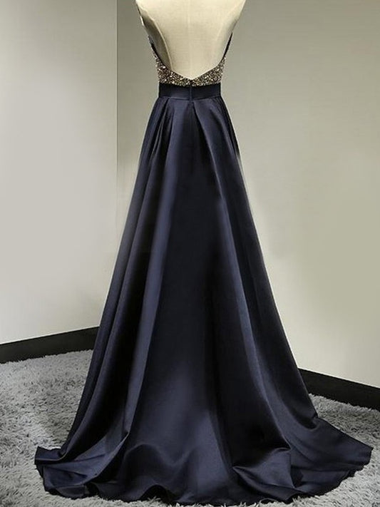 Satin Halter Sleeveless A-Line/Princess Floor-Length Beading Dresses