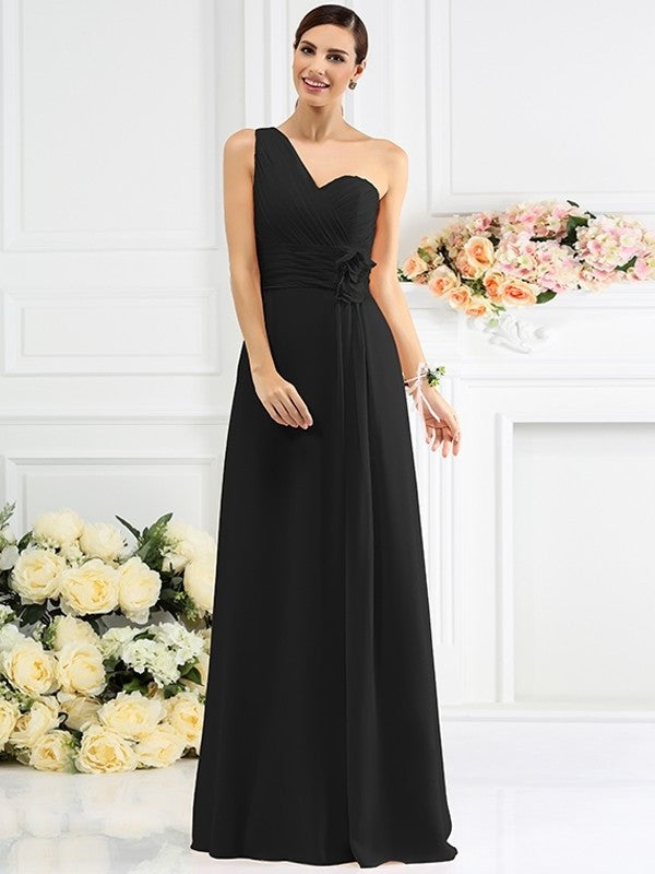 Pleats Sleeveless One-Shoulder Long A-Line/Princess Chiffon Bridesmaid Dresses