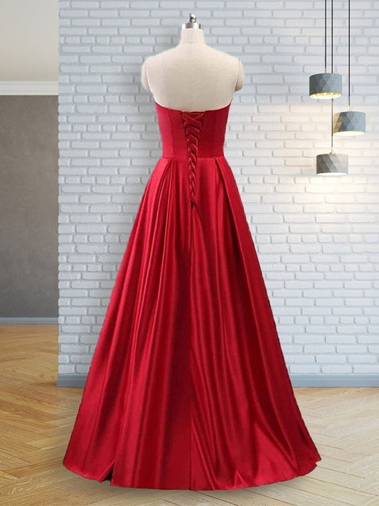 Sweep/Brush Strapless A-Line/Princess Train Sleeveless Beading Satin Dresses