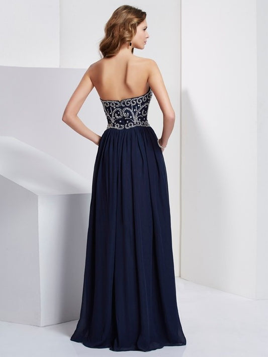 Sleeveless Beading Strapless A-Line/Princess Long Chiffon Dresses