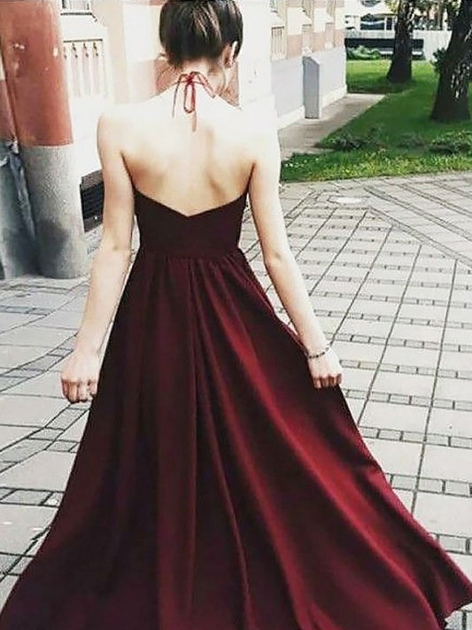 Halter Floor-Length Applique Elastic Sleeveless A-Line/Princess Woven Satin Dresses