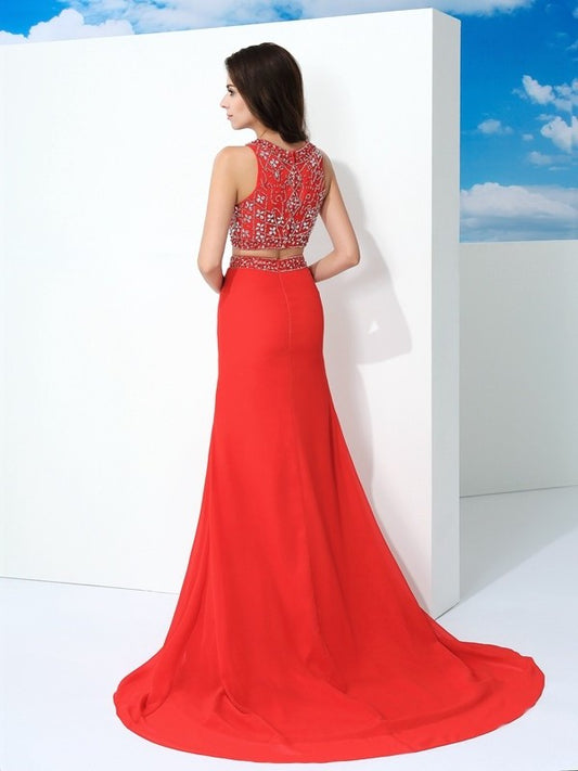 Chiffon Sleeveless Beading Scoop Sheath/Column Long Two Piece Dresses