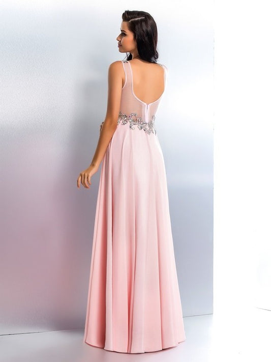 A-Line/Princess Beading V-neck Sleeveless Long Chiffon Dresses