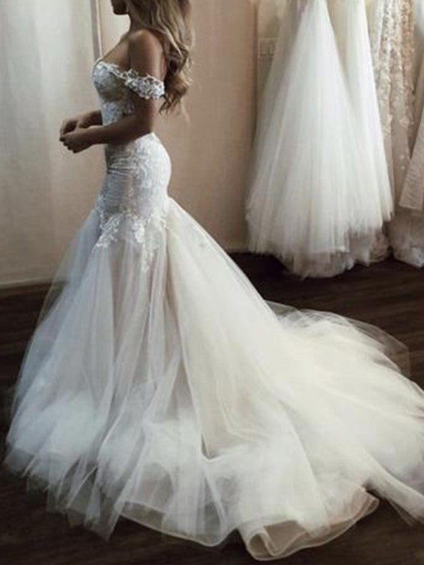 Sleeveless Off-the-Shoulder Tulle Sweep/Brush Trumpet/Mermaid Applique Train Wedding Dresses