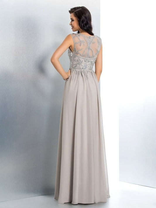 Sleeveless Neck Beading Sheer A-Line/Princess Long Chiffon Dresses