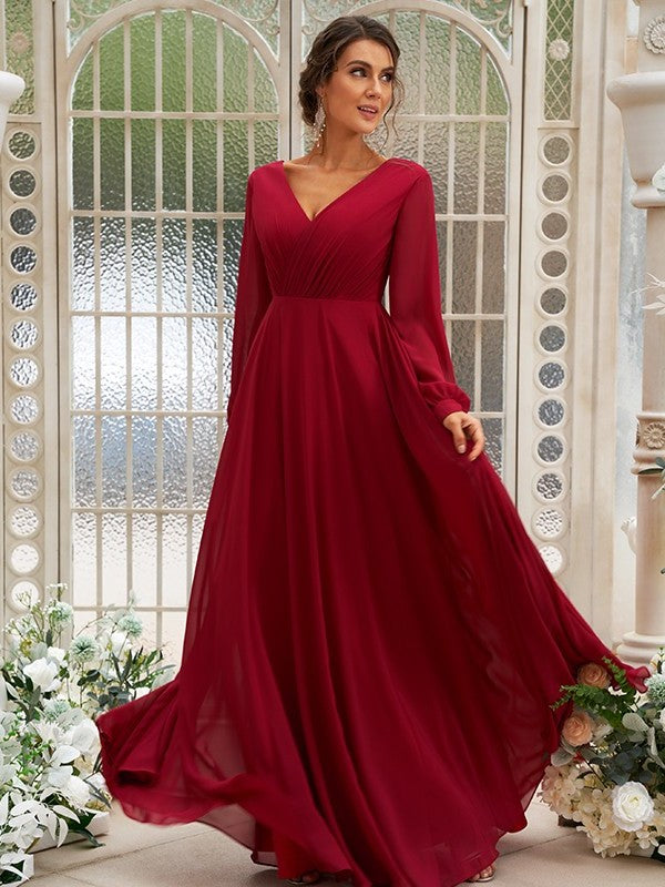 Chiffon Ruched Long V-neck Sleeves A-Line/Princess Floor-Length Bridesmaid Dresses