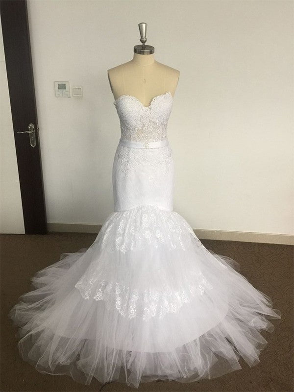 Train Sweetheart Lace Tulle Court Trumpet/Mermaid Sleeveless Wedding Dresses