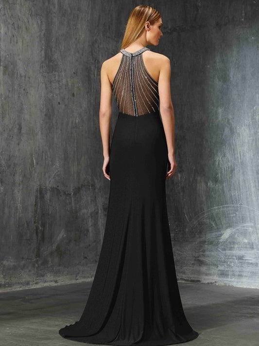 Jewel Beading Spandex Sheath/Column Sleeveless Sweep/Brush Train Dresses