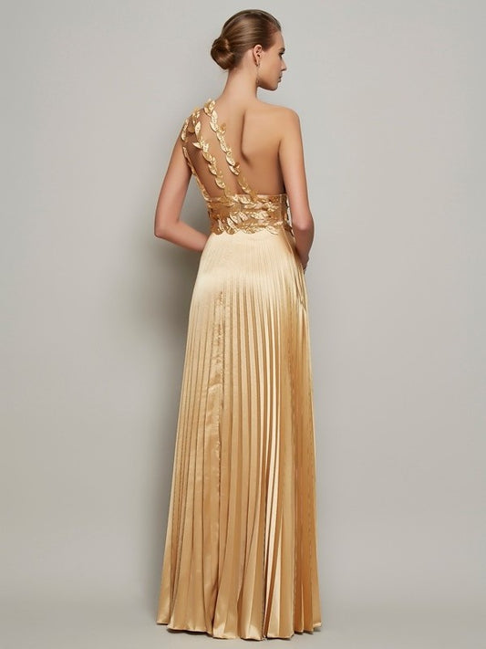 Elastic One-Shoulder A-Line/Princess Sleeveless Hand-Made Long Flower Woven Satin Dresses