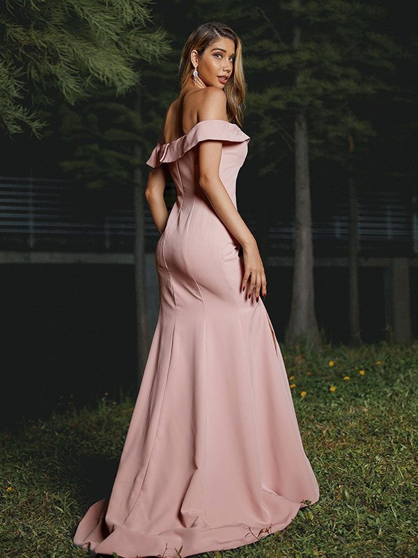 Sleeveless Stretch Ruffles Crepe Sweep/Brush Off-the-Shoulder Sheath/Column Train Bridesmaid Dresses