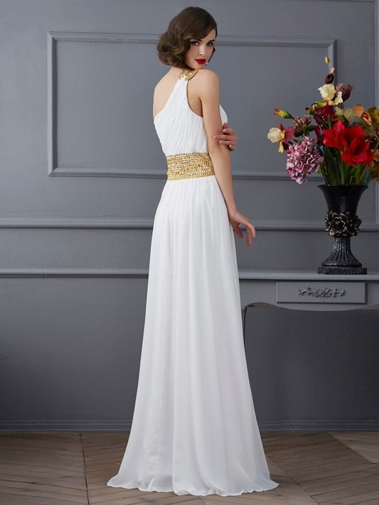 One-Shoulder A-Line/Princess Ruched Sleeveless Long Chiffon Dresses