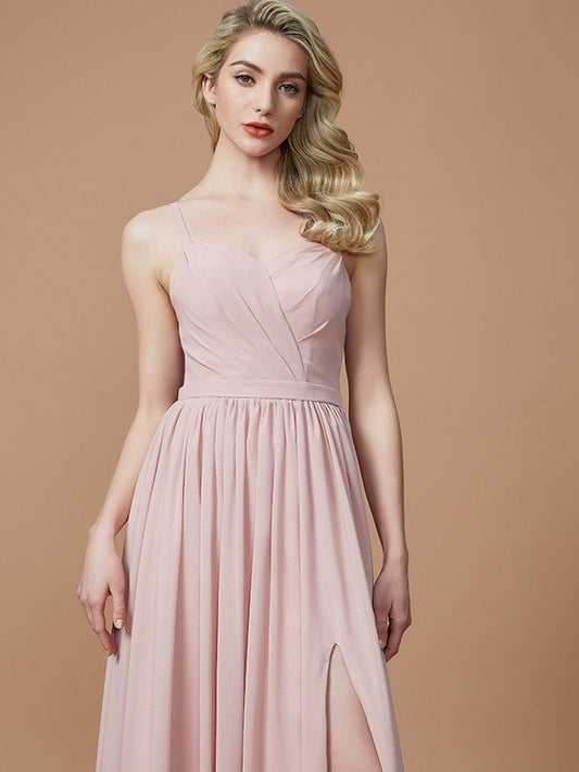 A-Line/Princess Ruched Spaghetti Sleeveless Floor-Length Straps Chiffon Bridesmaid Dresses