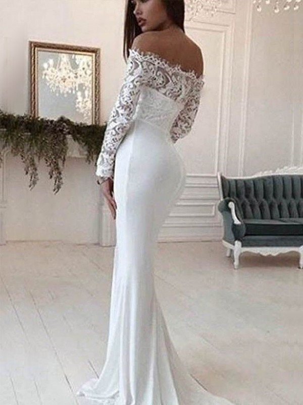 Sleeves Court Train Off-the-Shoulder Lace Long Trumpet/Mermaid Chiffon Wedding Dresses