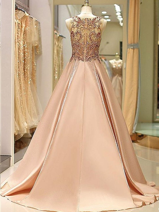 Ball Gown Sleeveless Sweep/Brush Bateau Train Beading Satin Dresses