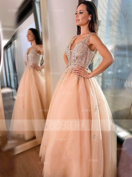 Gown Ball Beading Sleeveless Tulle V-neck Floor-Length Dresses