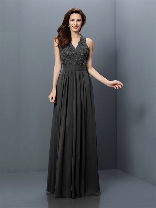 Applique Long V-neck A-Line/Princess Sleeveless Chiffon Bridesmaid Dresses