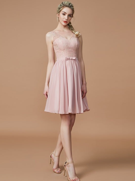 Lace Short/Mini A-Line/Princess Sleeveless V-neck Chiffon Bridesmaid Dresses