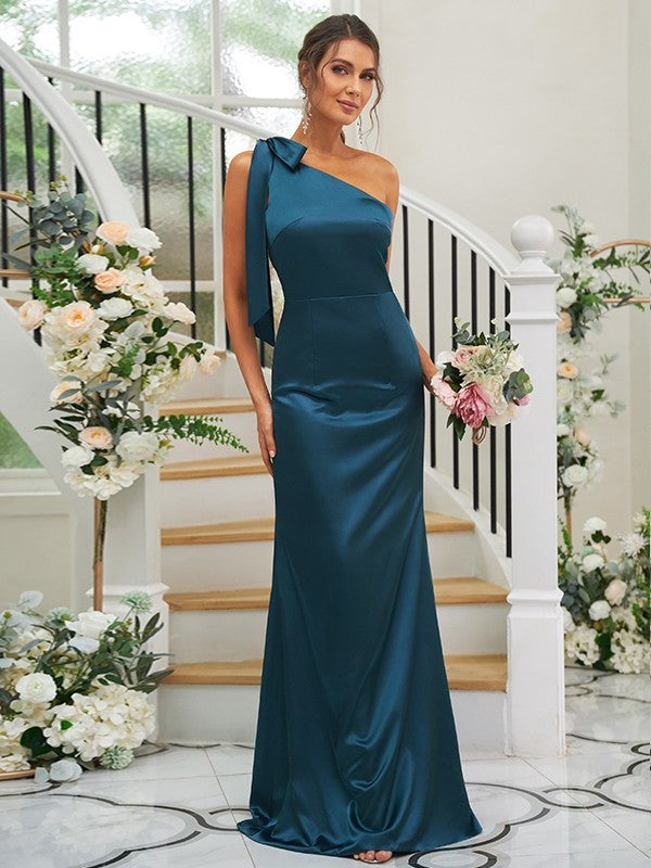 Satin Bowknot Sheath/Column Sleeveless One-Shoulder like Silk Floor-Length Bridesmaid Dresses