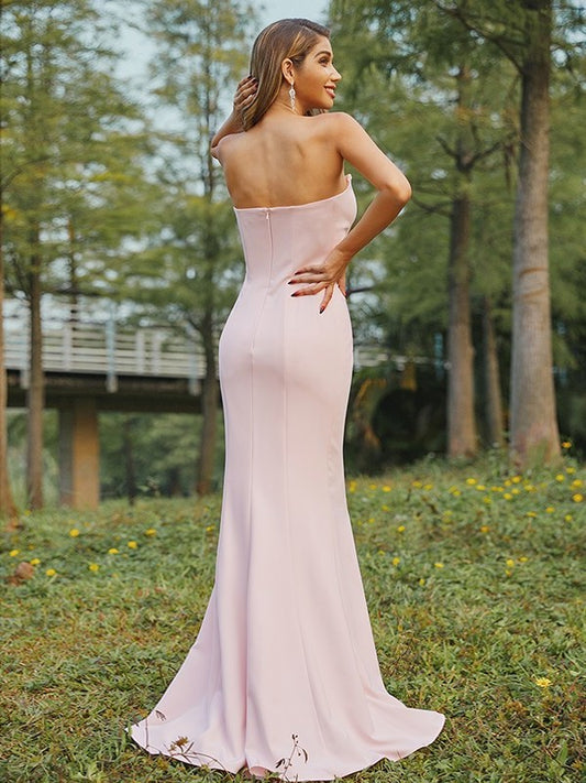 Sleeveless Sweep/Brush Ruched Stretch Strapless Sheath/Column Crepe Train Bridesmaid Dresses