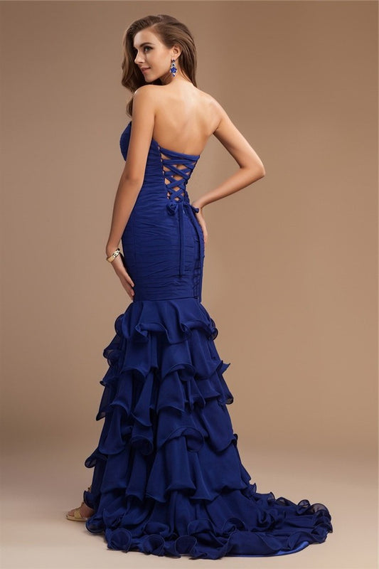 Sweetheart Trumpet/Mermaid Ruffles Beading Sleeveless Long Chiffon Dresses