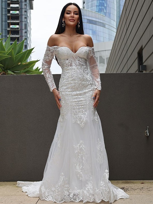 Tulle Sleeves Applique Trumpet/Mermaid Off-the-Shoulder Sweep/Brush Long Train Wedding Dresses