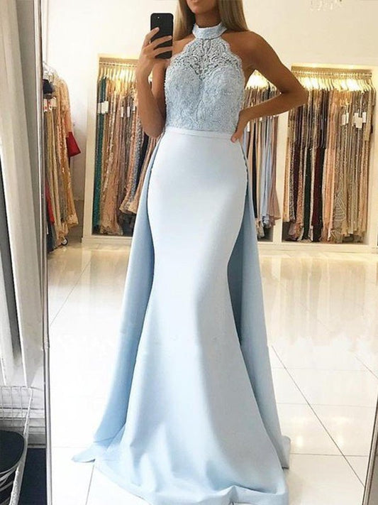 Train Trumpet/Mermaid Sleeveless Sweep/Brush Halter Lace Satin Dresses