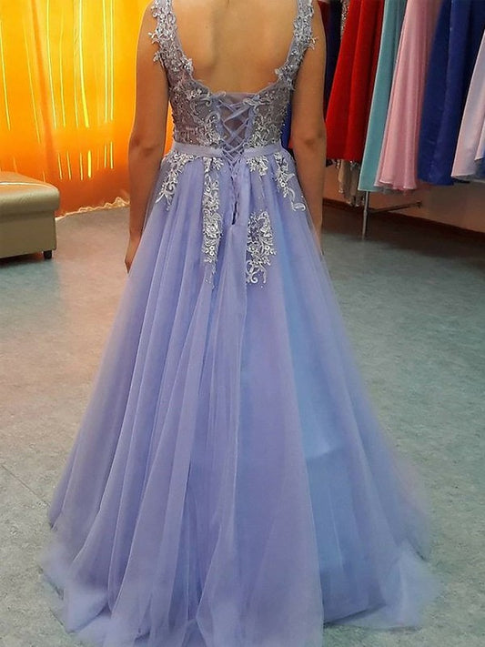 V-neck Sleeveless A-Line/Princess Floor-Length Applique Tulle Dresses