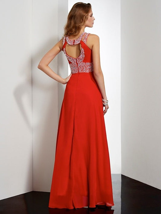 Jewels Acrylic Jewel Empire Sleeveless Long Chiffon Dresses