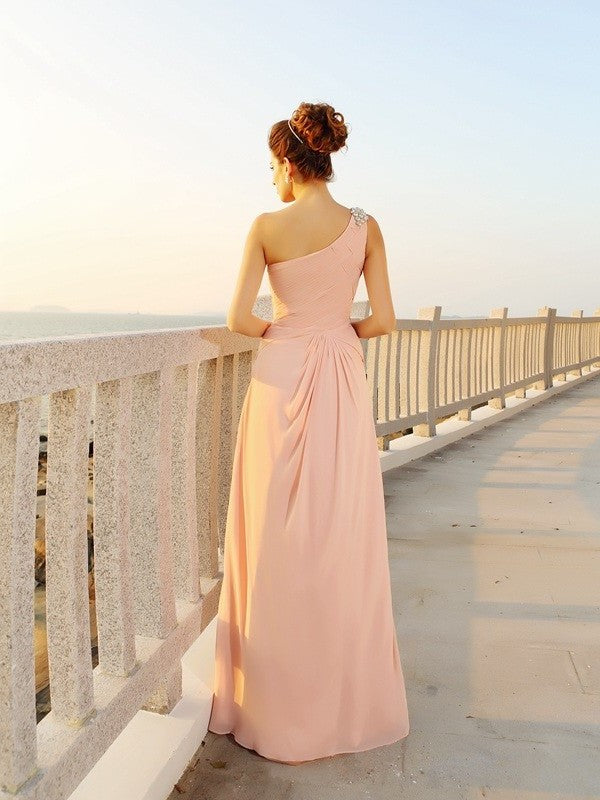 One-Shoulder Sleeveless A-Line/Princess Beading Long Chiffon Dresses