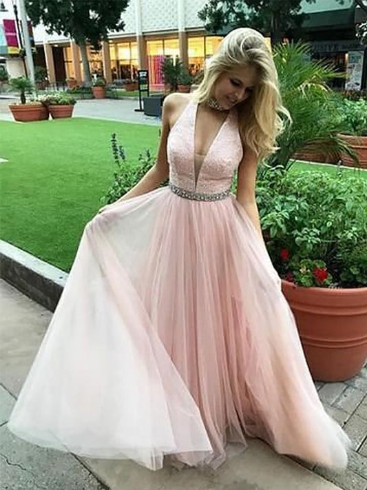 Sleeveless Floor-Length A-Line/Princess V-neck Beading Tulle Dresses