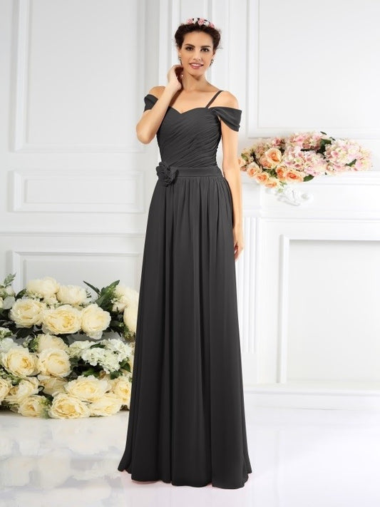 Sleeveless Long Straps Pleats A-Line/Princess Spaghetti Chiffon Bridesmaid Dresses