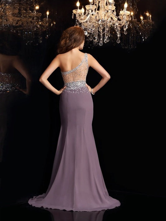 Sleeveless One-Shoulder Rhinestone Trumpet/Mermaid Long Chiffon Dresses