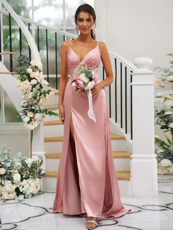 V-neck A-Line/Princess Silk Sleeveless like Satin Ruched Floor-Length Bridesmaid Dresses