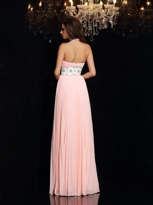 Neck Sleeveless A-Line/Princess Pleats High Long Chiffon Dresses