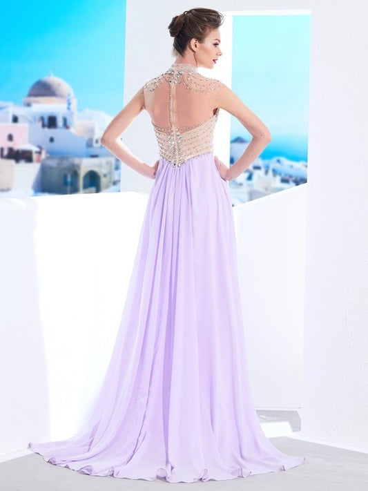 Sweep/Brush High Sleeveless Train A-Line/Princess Neck Crystal Chiffon Dresses