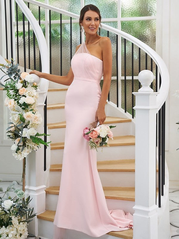 Sleeveless Stretch One-Shoulder Sweep/Brush Ruched Crepe Sheath/Column Train Bridesmaid Dresses