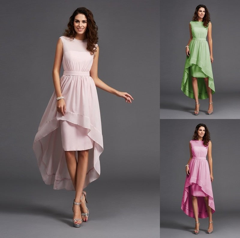 High Scoop Sash/Ribbon/Belt Sleeveless A-Line/Princess Low Chiffon Bridesmaid Dresses