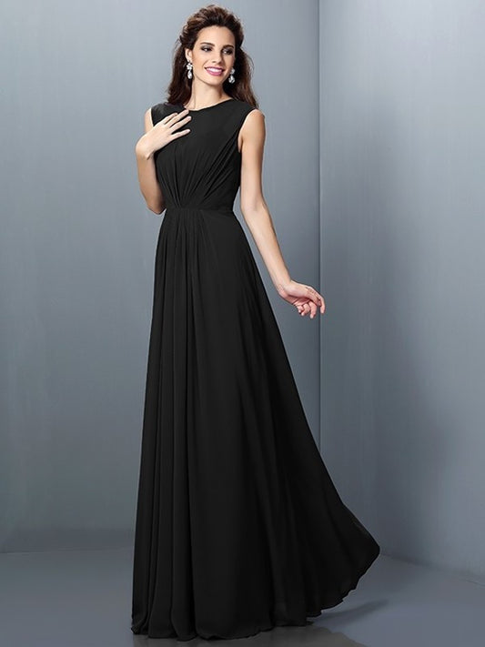 High Sleeveless A-Line/Princess Neck Long Pleats Chiffon Bridesmaid Dresses