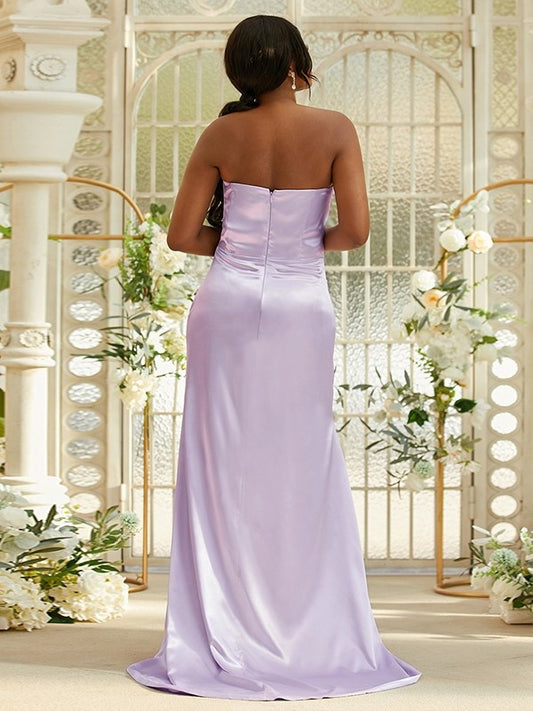 Sleeveless like Satin Silk Sweetheart Sheath/Column Sweep/Brush Ruched Train Bridesmaid Dresses