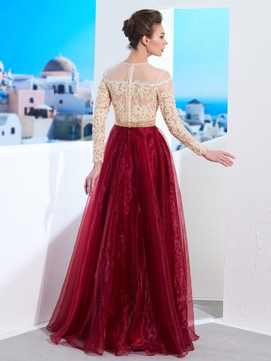 A-Line/Princess Floor-Length Sheer Neck Sleeves Long Applique Organza Dresses