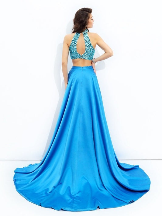 Satin A-line/Princess Beading Neck Long High Sleeveless Two Piece Dresses