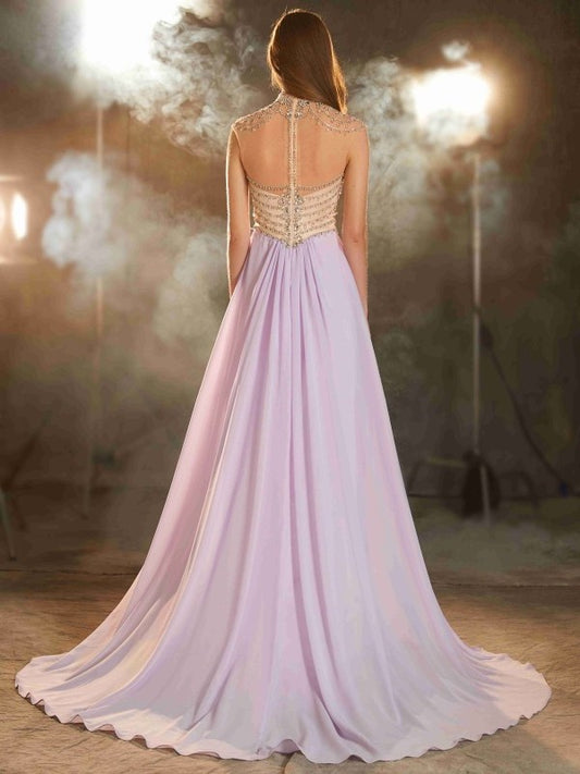 A-Line/Princess Neck High Sweep/Brush Sleeveless Train Crystal Chiffon Dresses