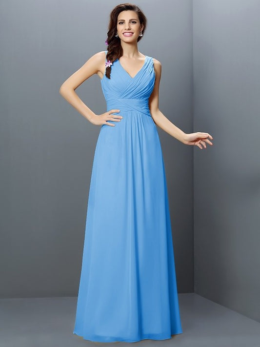 Sleeveless Long A-Line/Princess Pleats V-neck Chiffon Bridesmaid Dresses