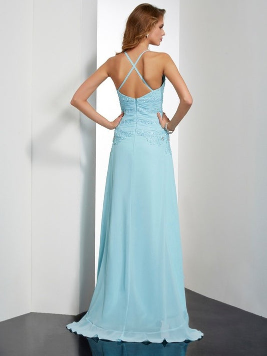 Spaghetti High A-Line/Princess Crystal Beading Straps Sleeveless Low Chiffon Dresses