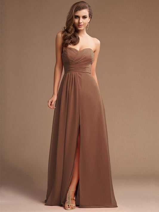 Sheath/Column Long Sweetheart Ruffles Sleeveless Chiffon Bridesmaid Dresses